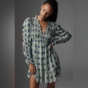 By Anthropologie Long-Sleeve V-Neck Ruffle Mini Dress | Size XS | NWOT